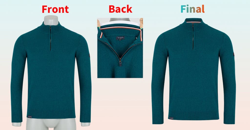 Ghost mannequin editing process showing invisible mannequin effect with 3D hollow clothing structure