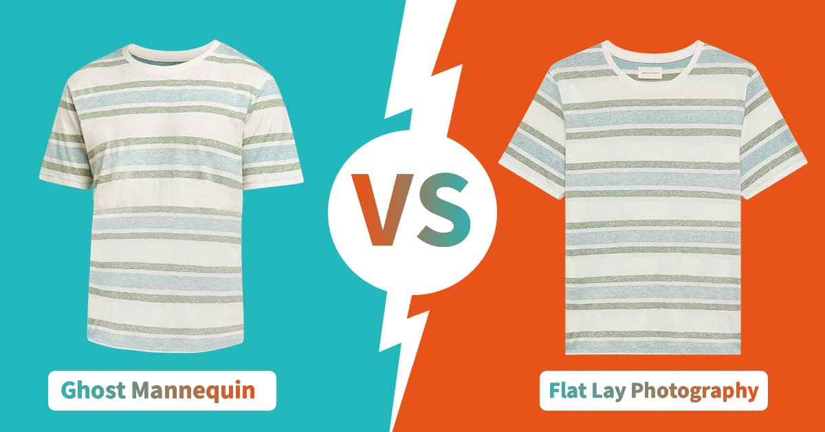 Comparison between flat lay photography and ghost mannequin editing showing differences in 3D look, fit, and conversion power
