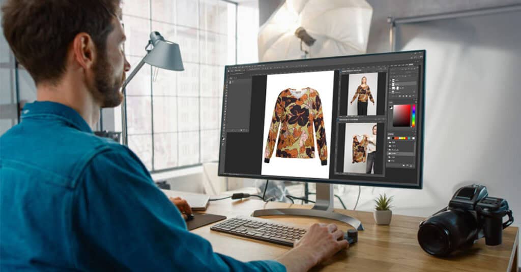 Manual ghost mannequin editing process using pen tool, masking, and shadow reconstruction for apparel images